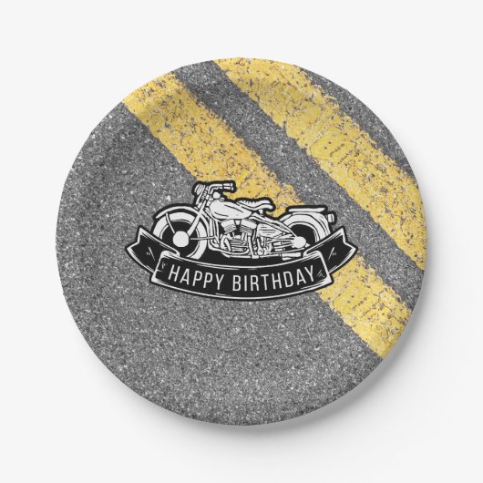自動二輪車バイクもしくは自転車に乗る人ハッピーバースデーパーティーサービング ペーパープレート (正面)