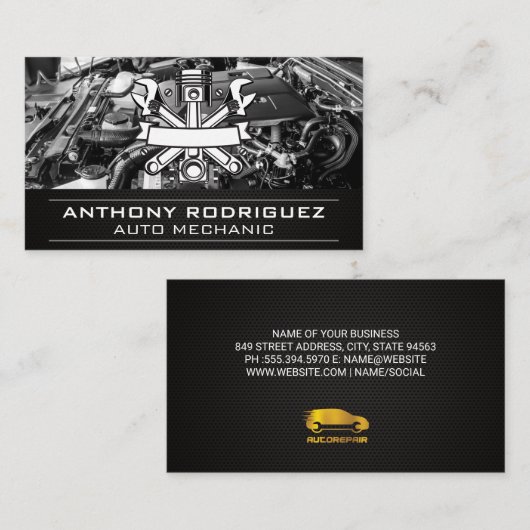 自動修理技術者のロゴ | エンジンベイ 名刺 (正面/裏面)