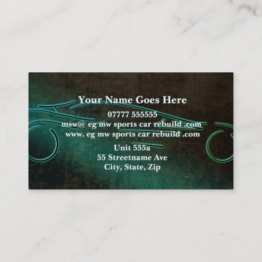 自動修理、ティール（緑がかった色）レザー効果、スポーツカーロゴ 名刺 (裏面)