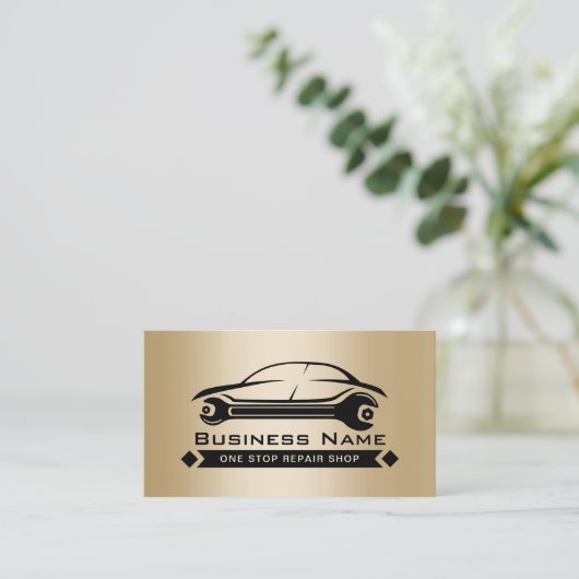 自動修車の復モダン金ゴールド車整備士 名刺 (スタンド正面)