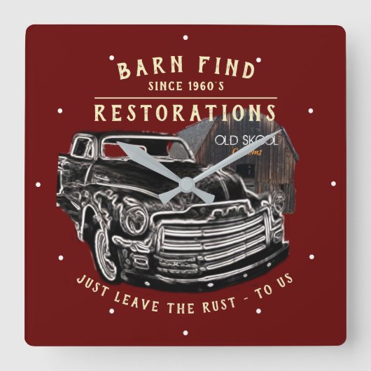 自動復元バーンドシェビートラッククラシック赤 スクエア壁時計 (正面)