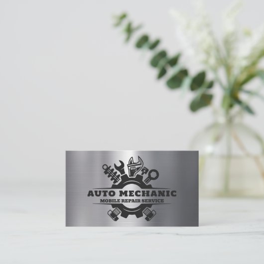 自動整備士車の修理サービスメタル 名刺 (スタンド正面)