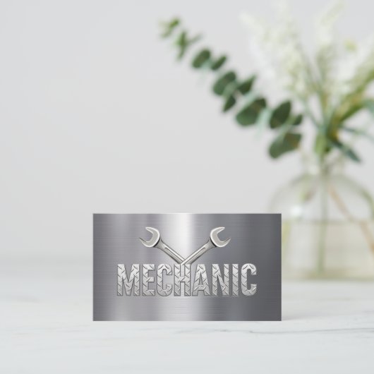 自動整備士車の修理サービスメタル 名刺 (スタンド正面)
