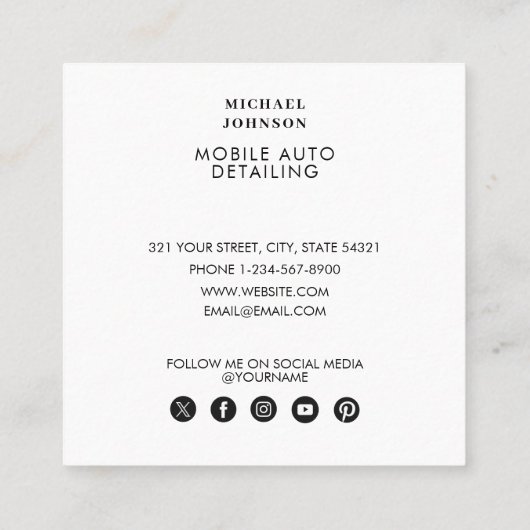 自動詳細洗浄QRコードソーシャル自動修復 スクエア名刺 (裏面)