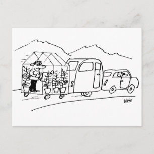 自動車がキャラバンと温室を牽引する面白い漫画 ポストカード