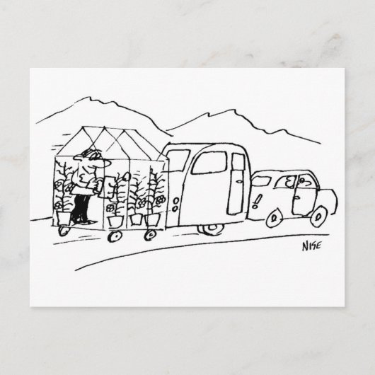 自動車がキャラバンと温室を牽引する面白い漫画 ポストカード (正面)