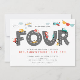 自動車とトラックのシティ・トランスポーテーション 4歳の誕生日 招待状