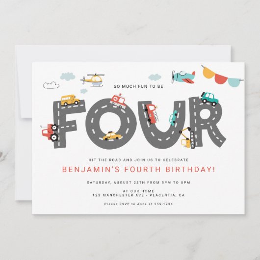 自動車とトラックのシティ・トランスポーテーション 4歳の誕生日 招待状 (正面)