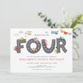 自動車とトラックのシティ・トランスポーテーション 4歳の誕生日 招待状 (スタンド正面)