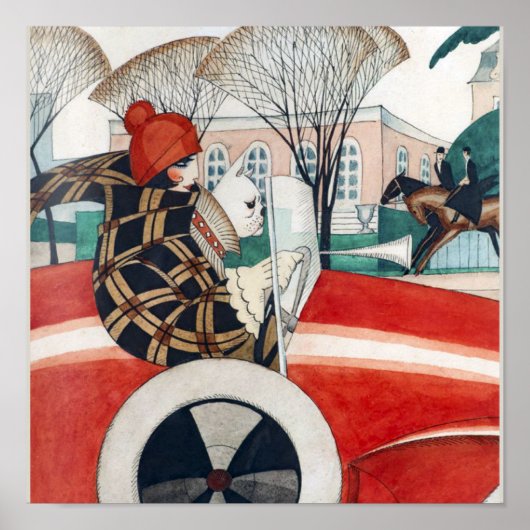 自動車に乗った女の子とパグ ポスター (正面)