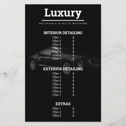 自動車の詳細クリーニング修理洗浄価格表 チラシ (正面)
