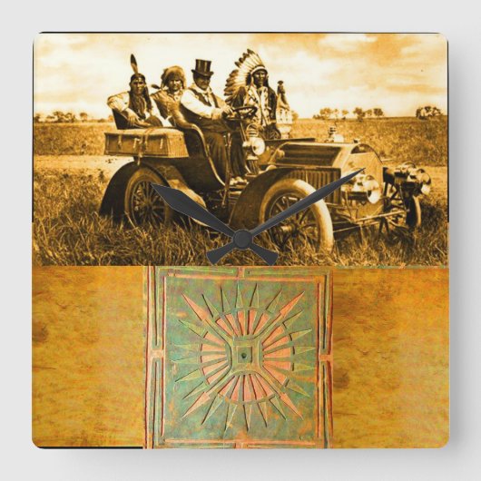 自動車を運転するアパッチとジェロニモ スクエア壁時計 (正面)