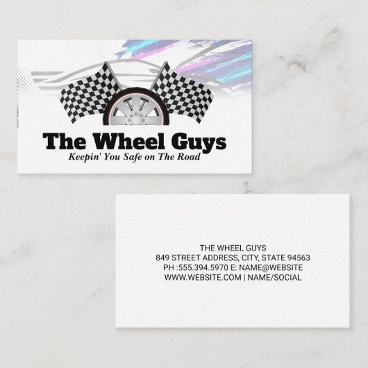 自動車タイヤ市松模様にレース旗 名刺 (正面/裏面)