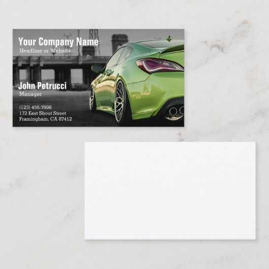 自動車ディーラーの緑によってすごいスポーツ・カーの後部 名刺 (正面/裏面)