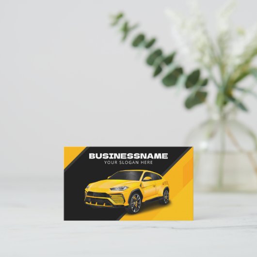 自動車パーツ車のの詳細を示す黒と黄色の車 名刺 (スタンド正面)