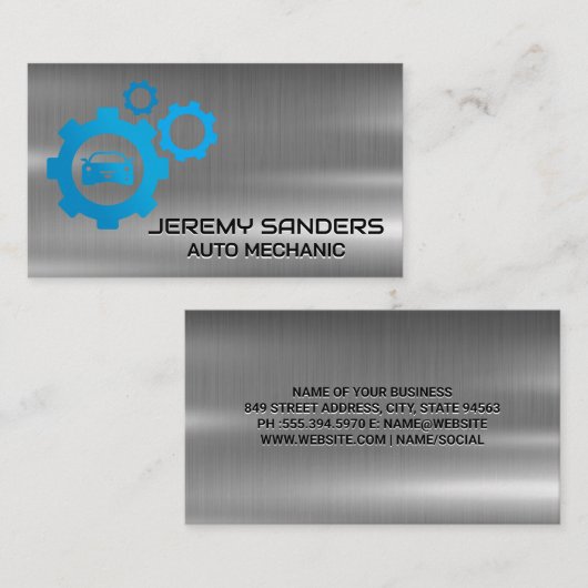 自動車修理のメカニカルロゴ | メタリック 名刺 (正面/裏面)