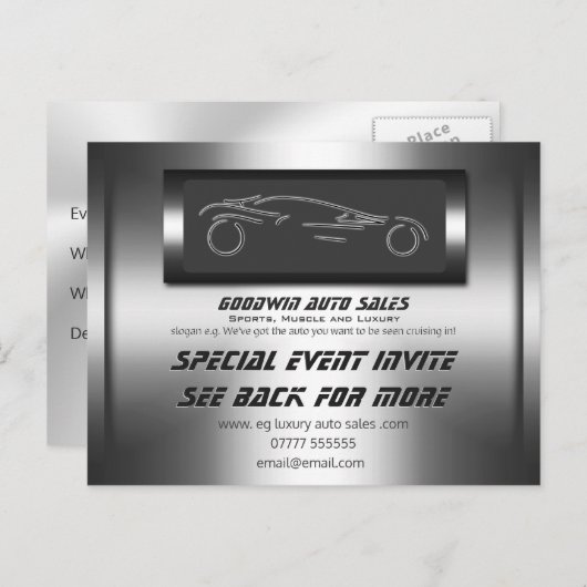 自動車売上高のイベントの招待-フェイクな金属、自動ロゴ インビテーションポストカード (正面/裏面)