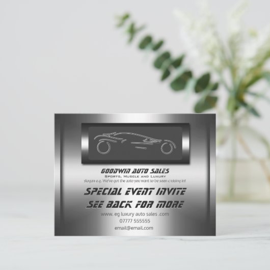 自動車売上高のイベントの招待-フェイクな金属、自動ロゴ インビテーションポストカード (スタンド正面)