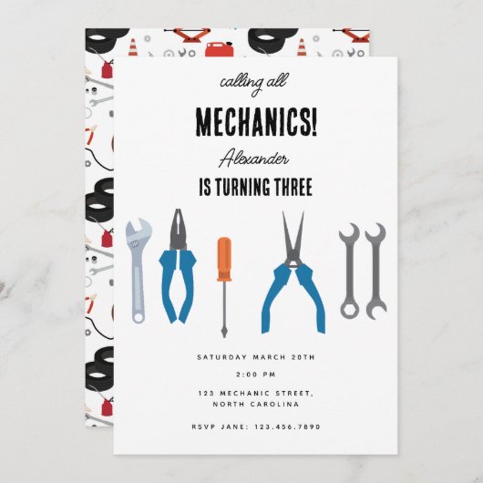 自動車整備士の工具 男の子の誕生日パーティー 招待状 (正面/裏面)