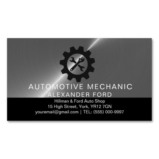 自動車整備工場 メタリックシルバー 光り輝く鋼鉄 マグネット名刺 (正面)