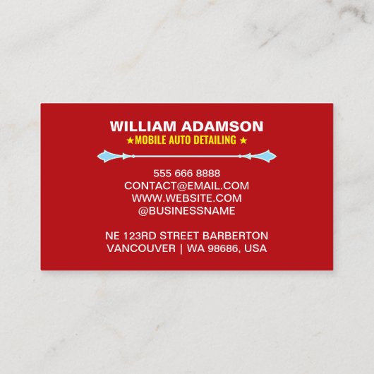 自動車販売、自動車修理、赤クール自動車詳細 名刺 (裏面)