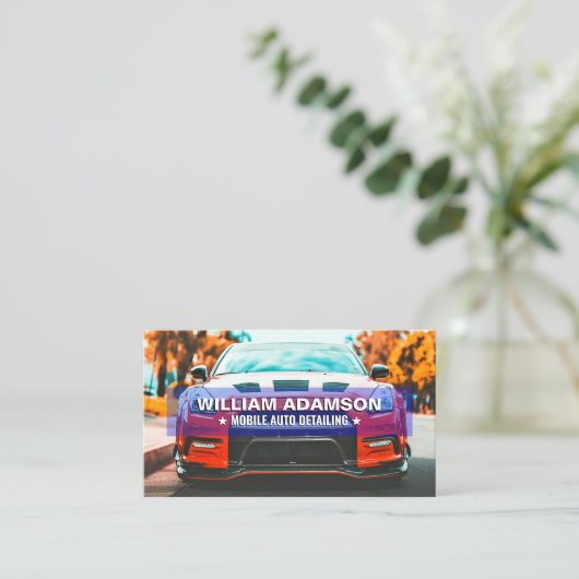 自動車販売、自動車修理、黒自動車詳細 名刺 (スタンド正面)