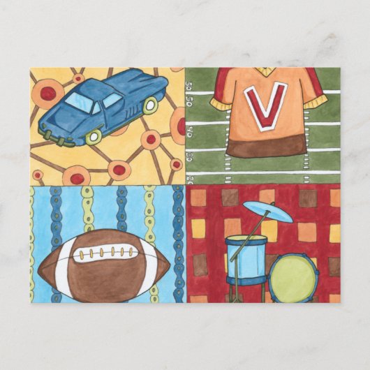 自動車、ジャージ、サッカーボール、ドラムセット ポストカード (正面)