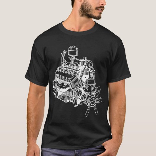 自動車v12エンジンのモーターイラストレーションアート tシャツ (正面)