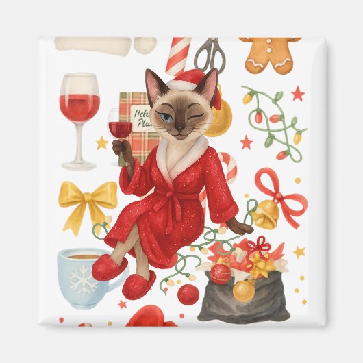自宅でクリスマスをお祝いするシャム猫 マグネット (正面)