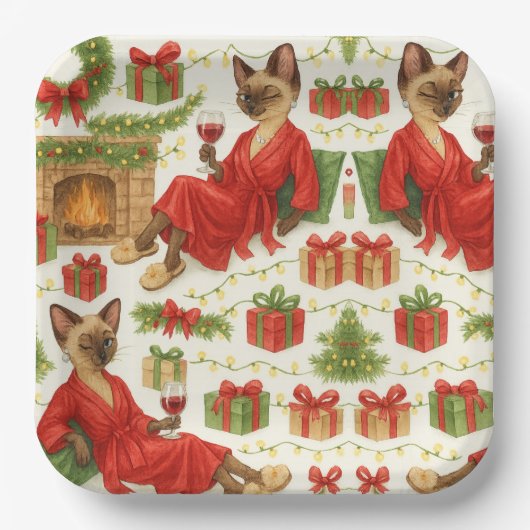 自宅でクリスマスを祝うシャム猫 ペーパープレート (正面)