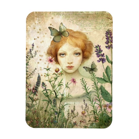 自宅で花の混合メディアコラージュ マグネット (縦)