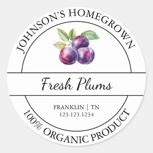 自家栽培ガーデンフレッシュオーガニックプラムラベル ラウンドシール (正面)