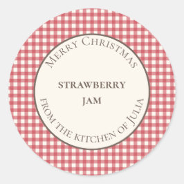 自家製のプレゼントに赤い格子縞の食品ラベルと瓶ラベル ラウンドシール