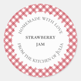 自家製のプレゼントに赤い格子縞の食品ラベルと瓶ラベル ラウンドシール