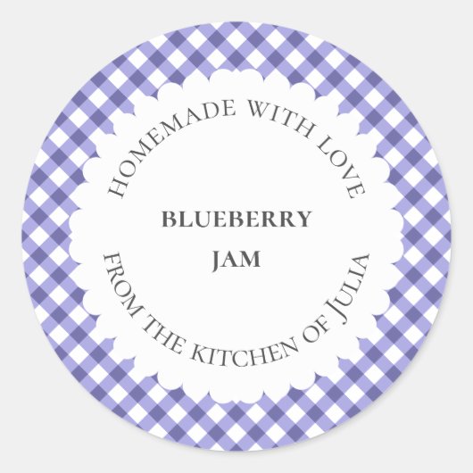 自家製ギフト用の青いギンガムフードの瓶ラベル ラウンドシール (正面)