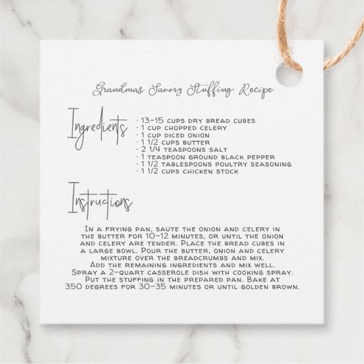 自家製スタッフィングレシピ |感謝祭メッセージカード フェイバータグ (裏面)