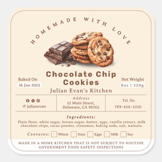 自家製チョコレートチップクッキーコテージ食品法 スクエアシール (正面)