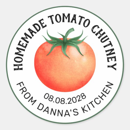 自家製トマトチャツニーレーベルと赤トマト スクエアシール (正面)