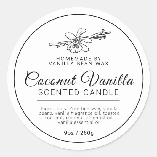 自家製バニラココナッツキャンドルの成分 ラウンドシール (正面)