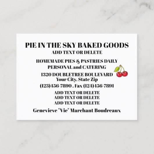 自家製パイ、ペストリー、ベーカリー名刺 名刺 (裏面)