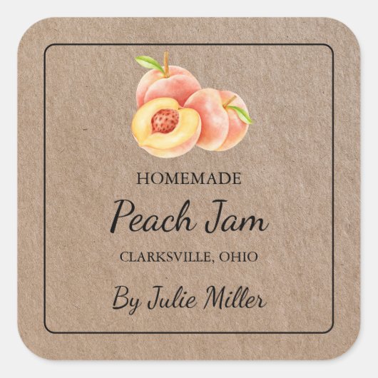 自家製ピーチジャムスクエアクラフト紙ラベル スクエアシール (正面)