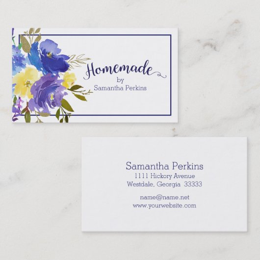自家製ブルーパープルイエローフラワーカリグラフィー 名刺 (正面/裏面)