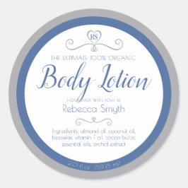 自家製ボディローションの成分ラベル 青いシルバーラベル ラウンドシール