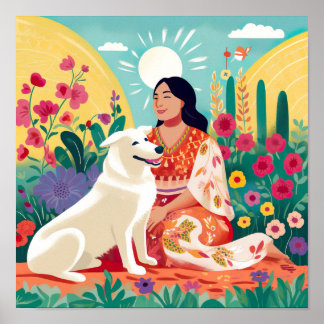 自己への開花愛、女性&レスキュー犬のプリント ポスター
