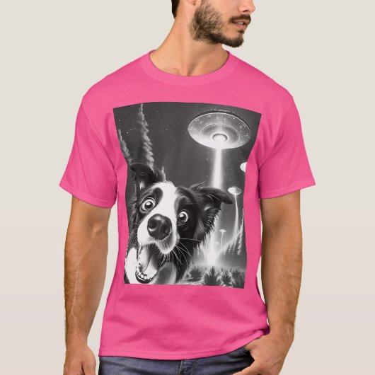 自撮おもしろい縁どり犬を連れて行くコリーエイリアンUfo Tシャツ (正面)