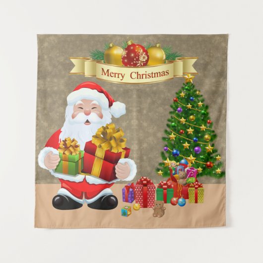 自撮り写真クリスマスサンタツリーキッズ タペストリー (正面)