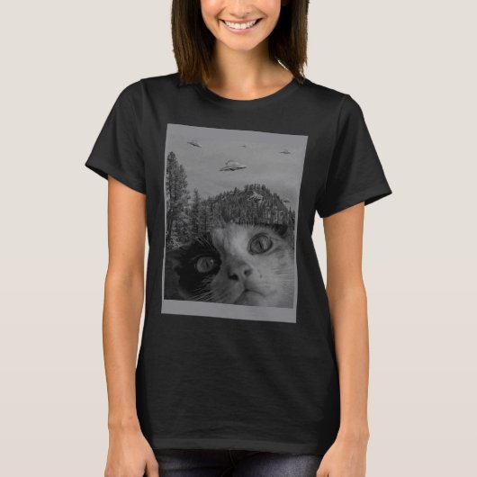 自撮り猫ミームUFO目撃エイリアン陰謀Sci Tシャツ (正面)