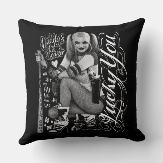 自殺の分隊|ハーレークウィンのタイポグラフィの写真 クッション (裏面)