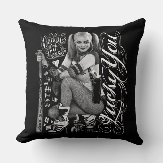 自殺の分隊|ハーレークウィンのタイポグラフィの写真 クッション (正面)