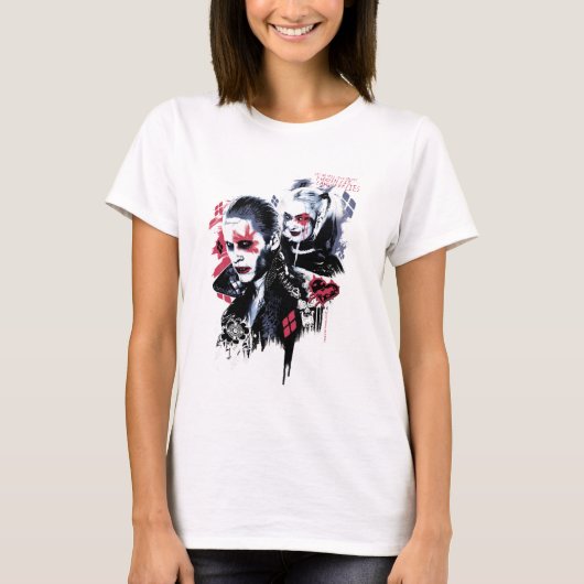 自殺班 |ジョーカー&ハーレー絵を描グラフィ Tシャツ (正面)